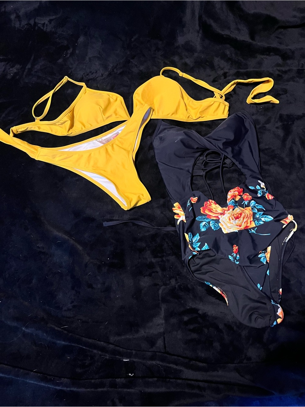 Yellow High-Cut Bikini Bottom & Matching Top With a Floral One Piece